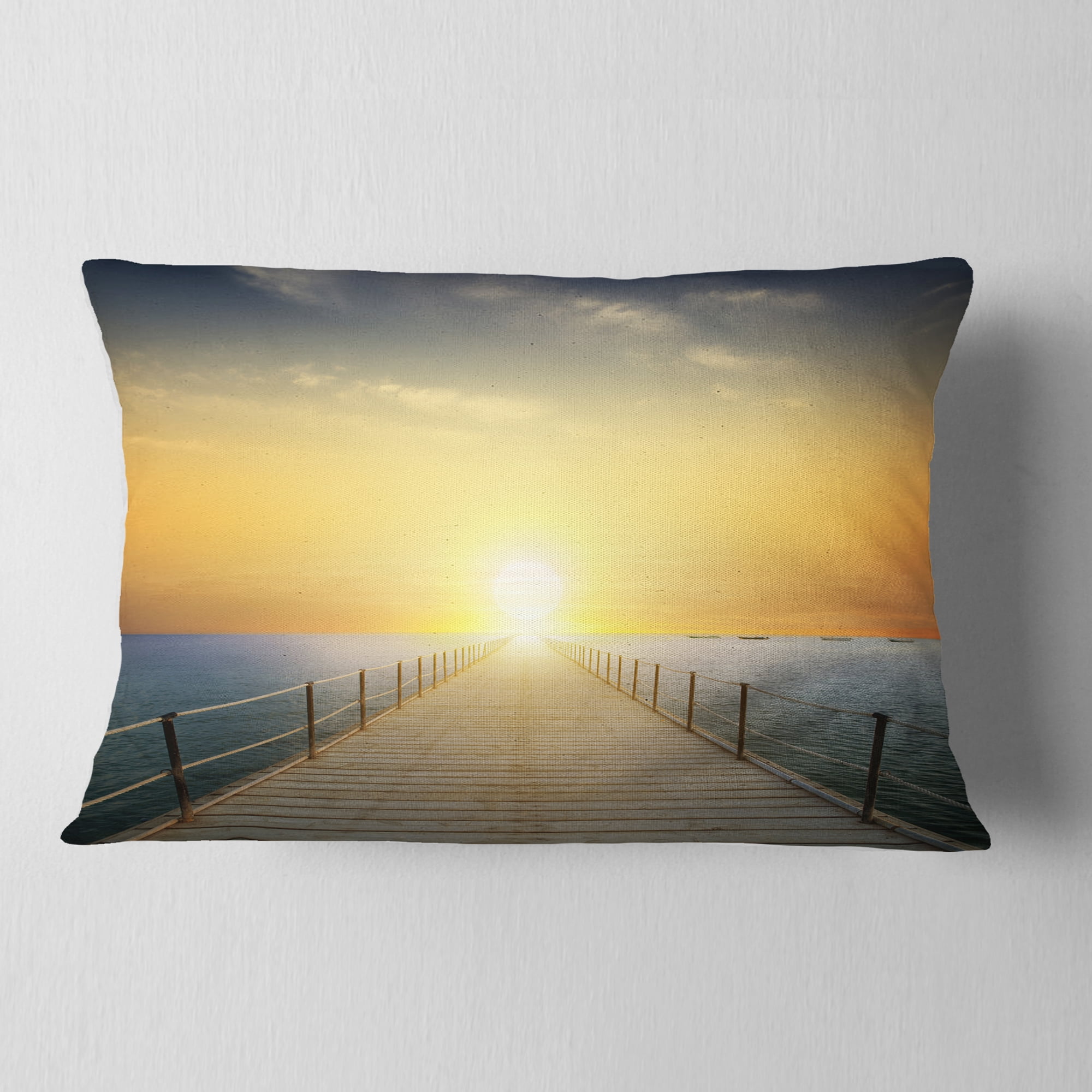 Designart Ocean Sunset with Pier - Seascape Throw Pillow - 12x20