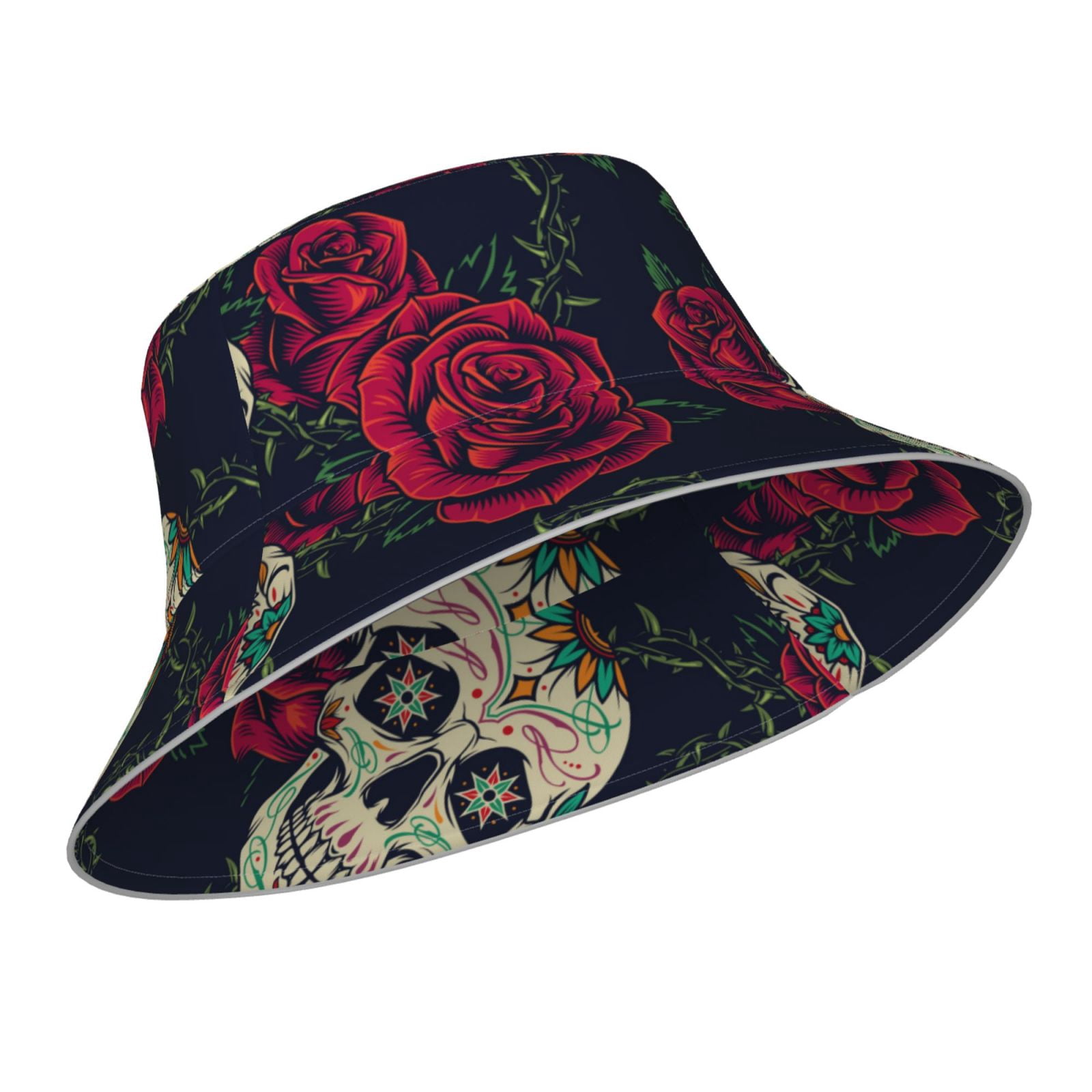 帽子 lad musician PAINT ROSE + CAT BUCKET HAT Kdxio Reflective Bucket Hat - Roses Skulls Print Bucket Hat for