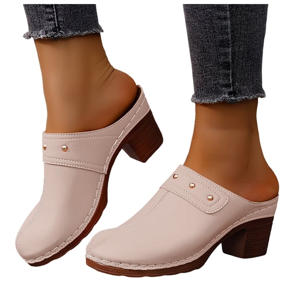 Rokment Women's Studded High Heels Mules Dressy Sandals Classic Fashion Casual Leather Closed Toe Chunky Stackable High Heels Clogs Spring Summer Heeled Dress Slip on Slippers Beige Size 6.5
