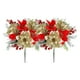 thumbnail image 2 of Flores artificiales de Poinsettia con purpurina para Navidad | Paquete de 2 | Seda, Plástico y Terciopelo | 13.7in de alto | Oro Rojo Verde | Decoración para el hogar de árboles navideños, coronas,, 2 of 7