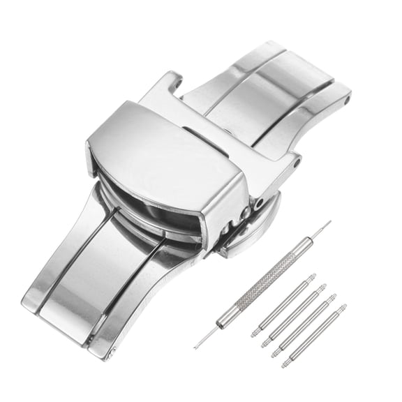 Uxcell Stainless Steel Deployment Clasp, 16mm Butterfly Folding Buckle with Spring Bars and Removal Tool for Leather Watch Band, Silver
