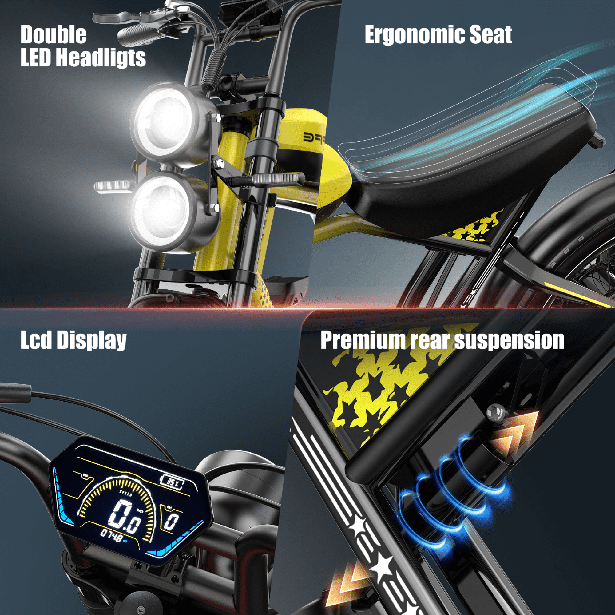 2D Ultra Electric Bike for Adults, 3000W Peak Motor 32MPH Off-Road E Bike, 48V 45Ah Battery, 200-Mile Range, 20" x 4.0 Fat Tires, Shimano 7-Speed, Yellow