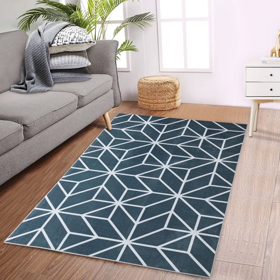 Modern Area Rug, Geometric Pattern Print Velvet Plush Carpet Distressed Accent Rug