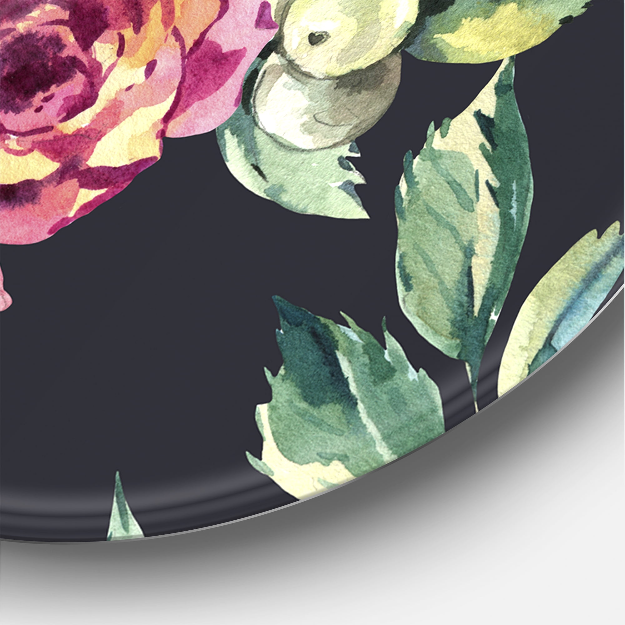 Designart 'Red VIntage Roses and Berries On Black Background' Farmhouse Circle Metal Wall Art 36x36 - Disc of 36