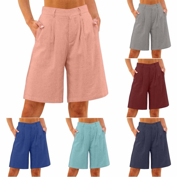 Lovzfmll Linen Bermuda Shorts for Women, Wide Leg Casual Pants with Side Pockets, Breathable Summer Shorts Pink, S