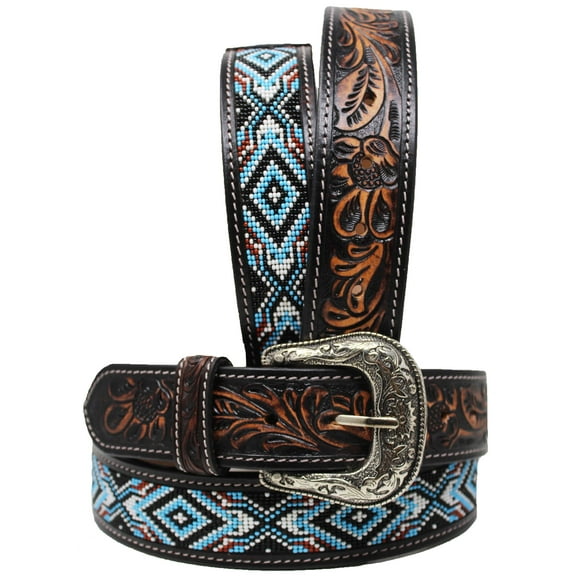 31-32  Western Antique Floral Tooled Beaded Full-Grain Leather Belt 26FK55