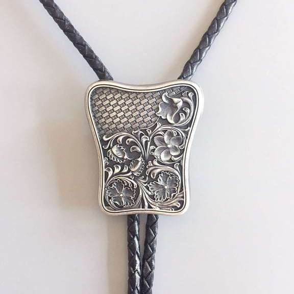 Vintage Silver Plated Carving Braided Flowers Western Bolo Tie Necklace