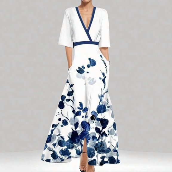 28480-White Womens V-Neck Floral Print Wrap Maxi Dress With Side Slit