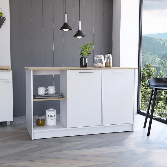 Modern Kitchen Island With Sufficient Space, Oak / White, Four Open Shelves & Two Cabinets White Spacious And Shelf Units