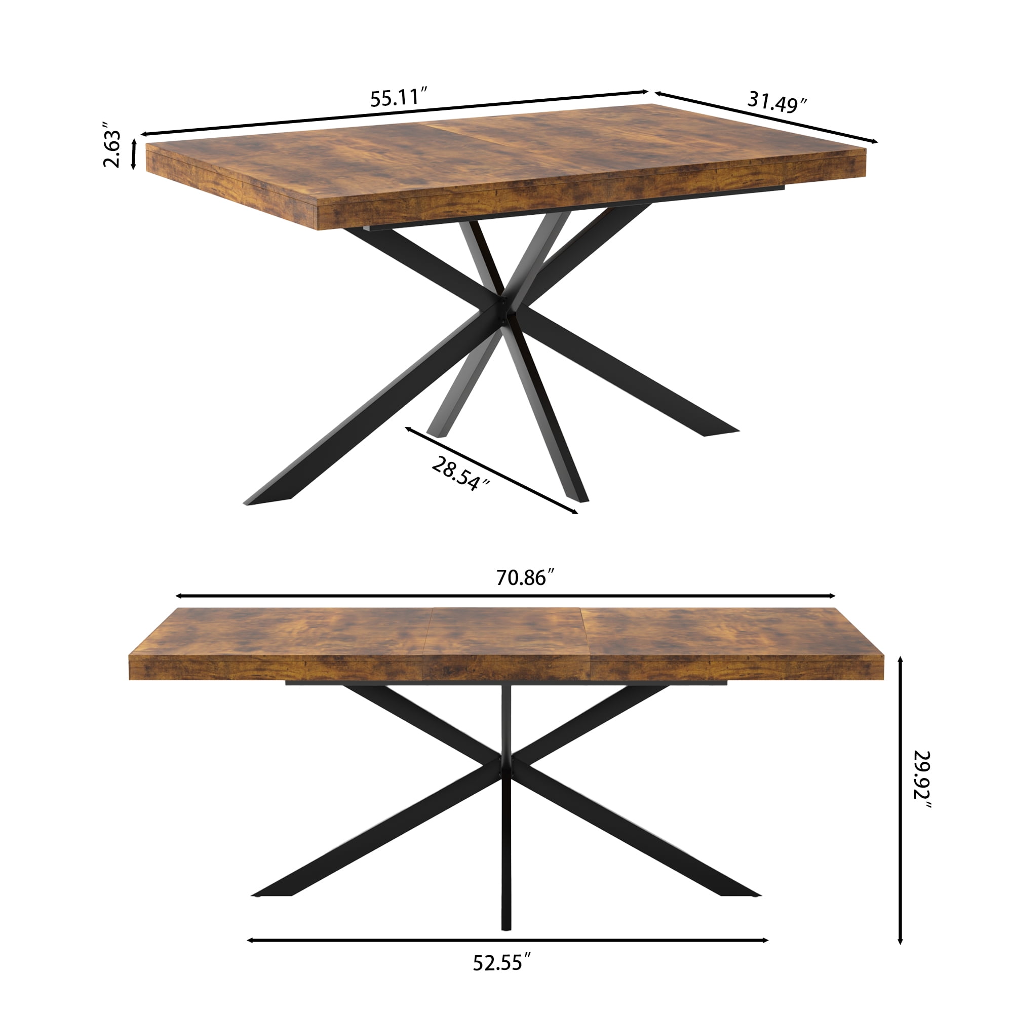BSHTI 55.11"-70.86" MDF Extendable Rectangular Dining Table with Metal Base and Storage Box for Kitchen/Dining Room（Brown）