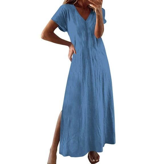 QingYiHua Womens Summer Beach Dresses Casual Short Sleeve V Neck Long Maxi Dress Flowy Sundresses Slit Vacation Dresses,Blue