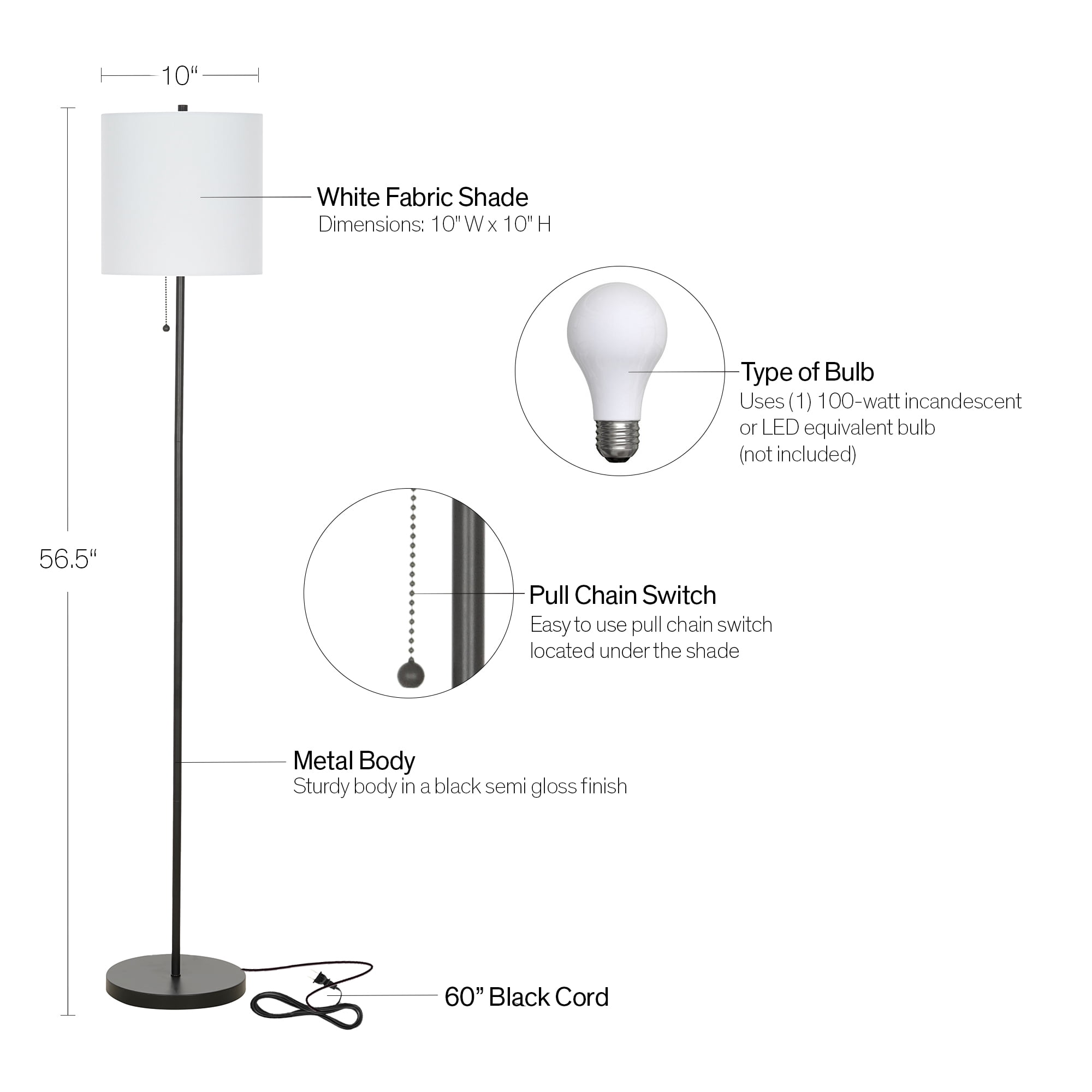 Cresswell Lighting 56.5" Traditional Black - Semi Gloss Metal Floor Lamp