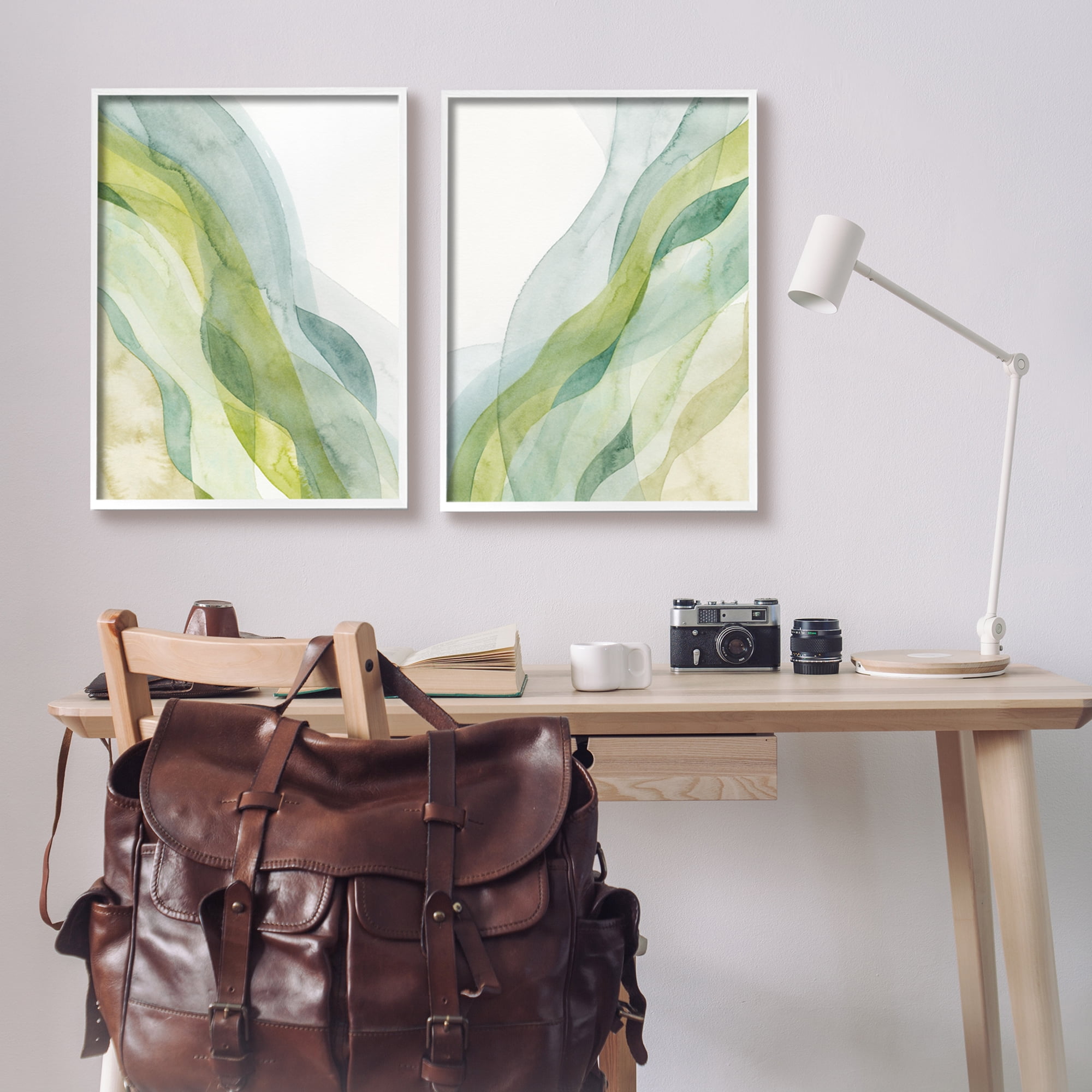 Stupell Industries Abstract Green Waves Abstract Painting White Framed Art Print Wall Art, 24 x 30, Set of 2