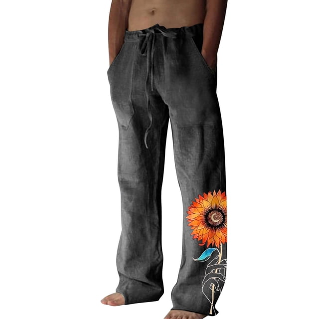 WEAIXIMIUNG Pantalon Noir Homme Habillé Mode Décontractée et Lin Imprimé Poche en Lin Pantalon à Lacets Grande Taille