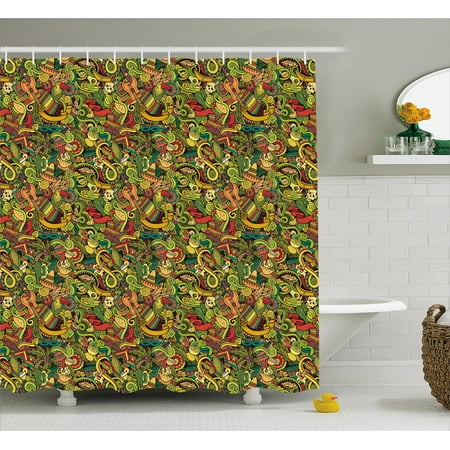 Mexican Shower Curtain, Cartoon Hand Drawn Style Doodles Latin American Style Colorful Culture Elements, Fabric Bathroom Set with Hooks, 69W X 75L Inches Long, Multicolor, by Ambesonne