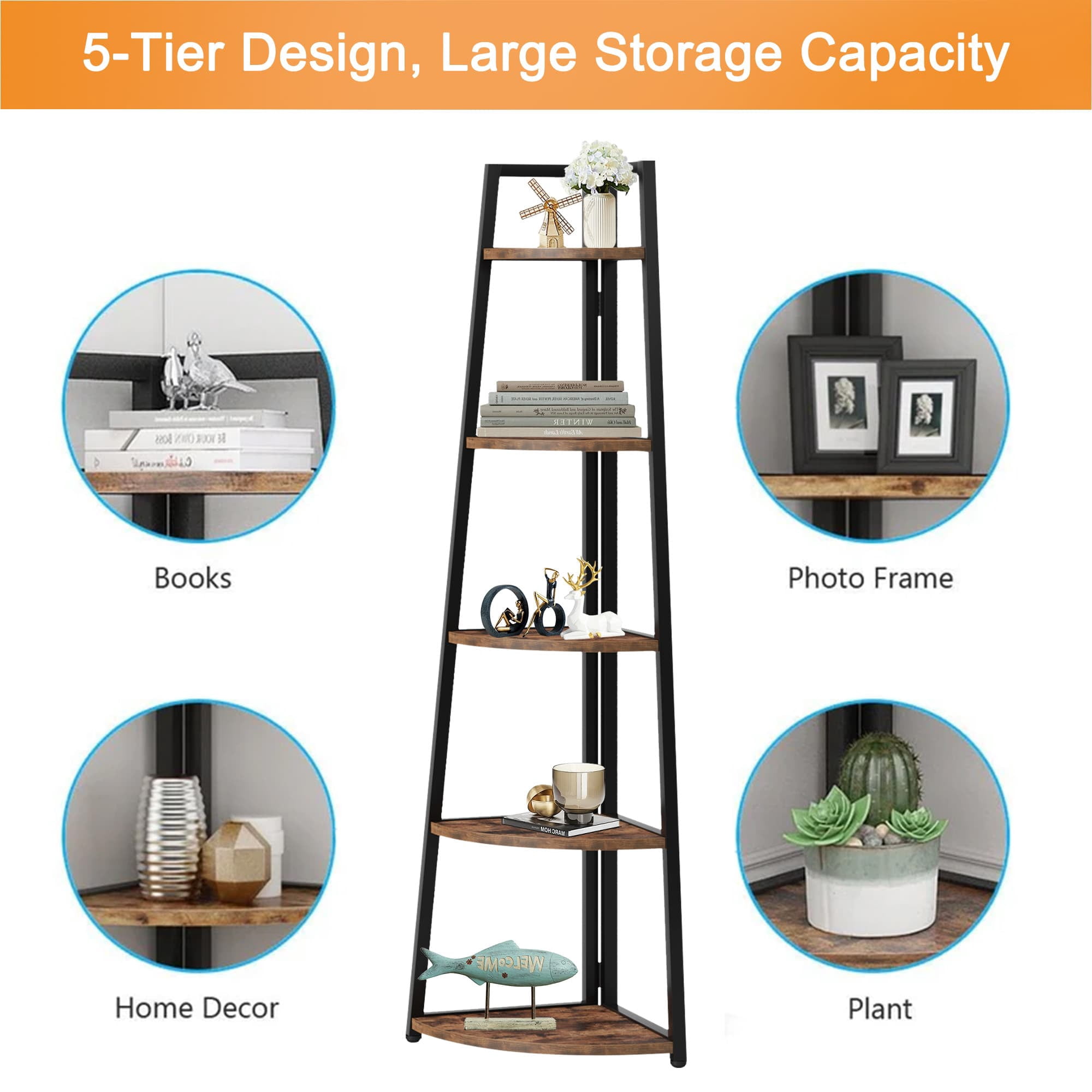 MAYEERTY Space-Saving 5-Tier Corner Ladder Bookcase, 70" Tall Storage Organizer for All Corners of Your Home