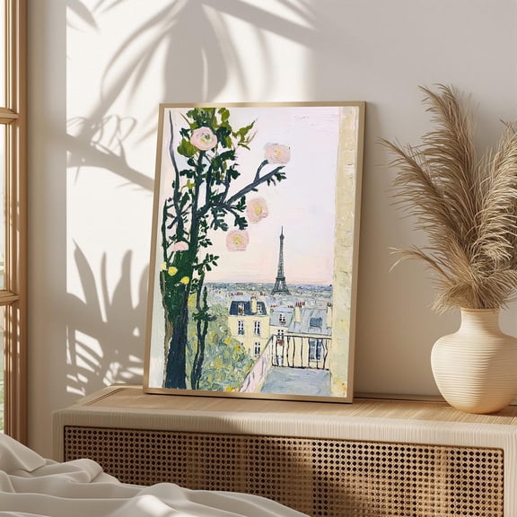 Paris Balcony View Print Poster, Romantic Eiffel Tower , Parisian Chic Wall Art, French Home Decor, Impressionist Cityscape 1078, Size 8x12 UNFFRAMED F03.1.6l2895