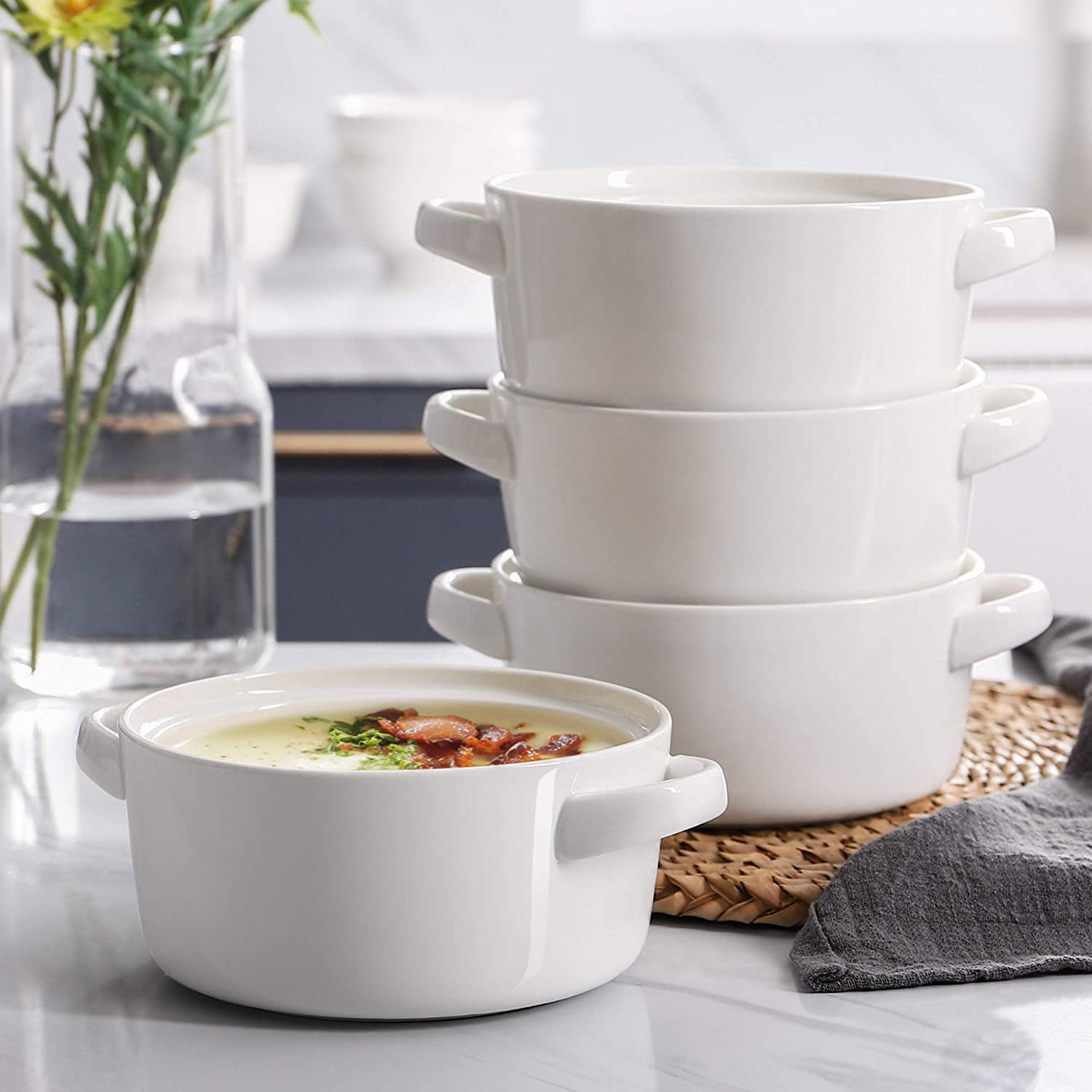 Hand DOWAN 24 Ounces Soup Bowls with Handles White Bowls Microwave & Oven Safe 