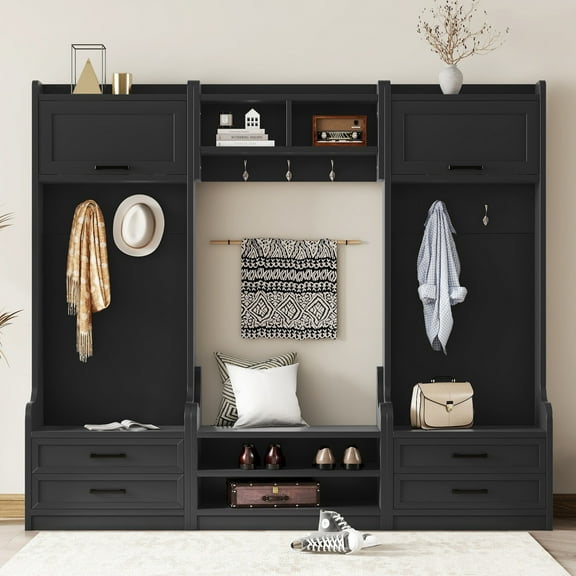 4-in-1 Detachable Hall Tree with Storage and 7 Hooks, Multi-Functional Hallway Coat Rack with 4 Drawers and 2 Cabinets, 78" Entryway Shoe Bench for Living Room, Black