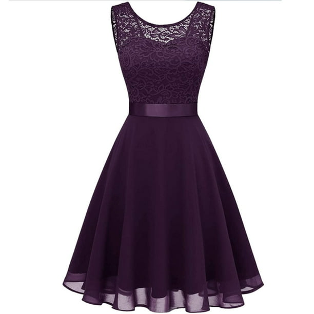 Gibobby Vestidos para mujer casuales Vestido de dama de honor de encaje floral corto para mujer Vestido de fiesta oscilante hasta la rodilla para mujer(Morado,G)
