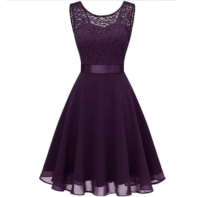 Gibobby Vestidos Casuales para Mujer Vestido de dama de honor de encaje floral corto para mujer Vestido de fiesta oscilante hasta la rodilla para mujer(Morado,XL)