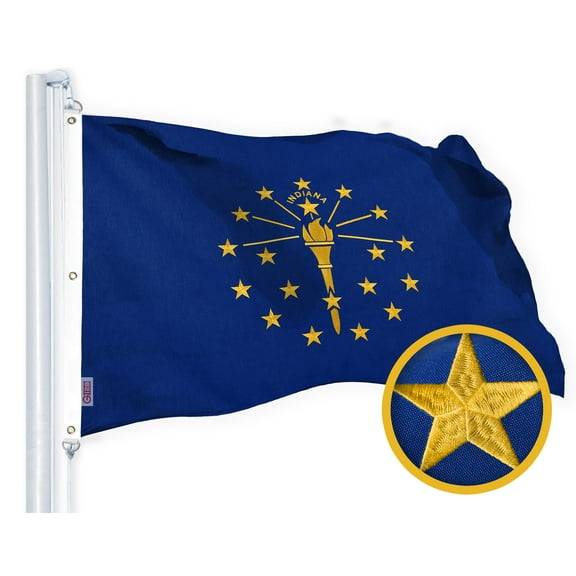 G128 Indiana State Flag | 5x8 Ft | StormFlyer Series Embroidered 220GSM Spun Polyester | Embroidered Design, Indoor/Outdoor, Brass Grommets, Heavy Duty, All Weather