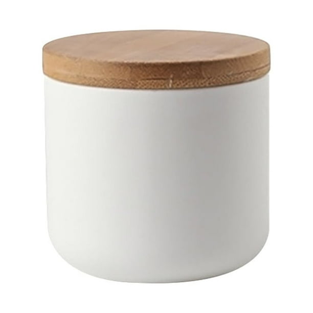 WORGEOUS Recipiente de cerámica sellado contenedor de almacenamiento de alimentos en frasco con tapa de madera para té suelto, grano de café, especia de azúcar (tamaño pequeño, blanco)