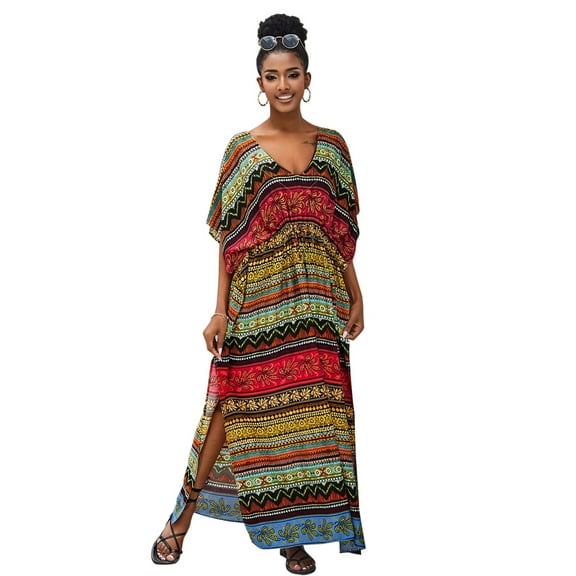 Edolynsa Women's Bohemian Beach Dress Plus Size Bathing Suit Cover up Turkish Kaftan Robe Summer Tunic Dresses