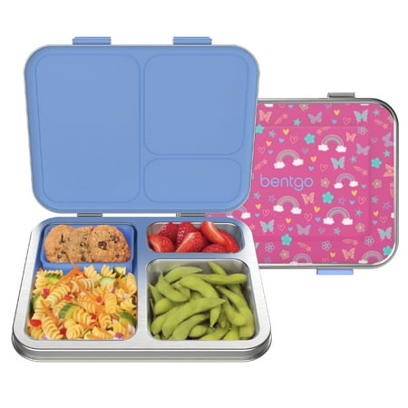bentgo kids stainless steel prints leak-resistant lunch box - 3-compartments with silicone container, durable, eco-friendly, dishwasher safe, for school, ages 3+ (rainbows & butterflies)