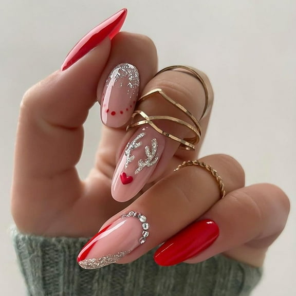 Christmas - themed Wearable Nail Art - Cross - border Almond - shaped Nails with Antler and Red Glitter, Detachable Nail Art Stickers