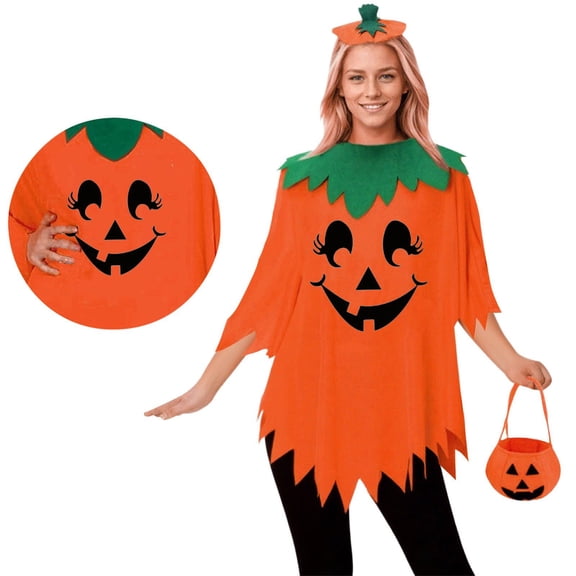 Halloween Woman 2026 - Plus Size Pumpkin Poncho with Headband and Handbag Adult Cosutme Set
