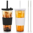 thumbnail image 2 of 2 Pack 24 Oz Reusable Tea/Coffee Cups, Iced Coffee Cup with Straw and Lid, Leakproof Clear Plastic Cups Tumbler, Double Wall Insulated Smoothie Tumbler, Wide Straw for Bubble Tea, Black & White, 2 of 9