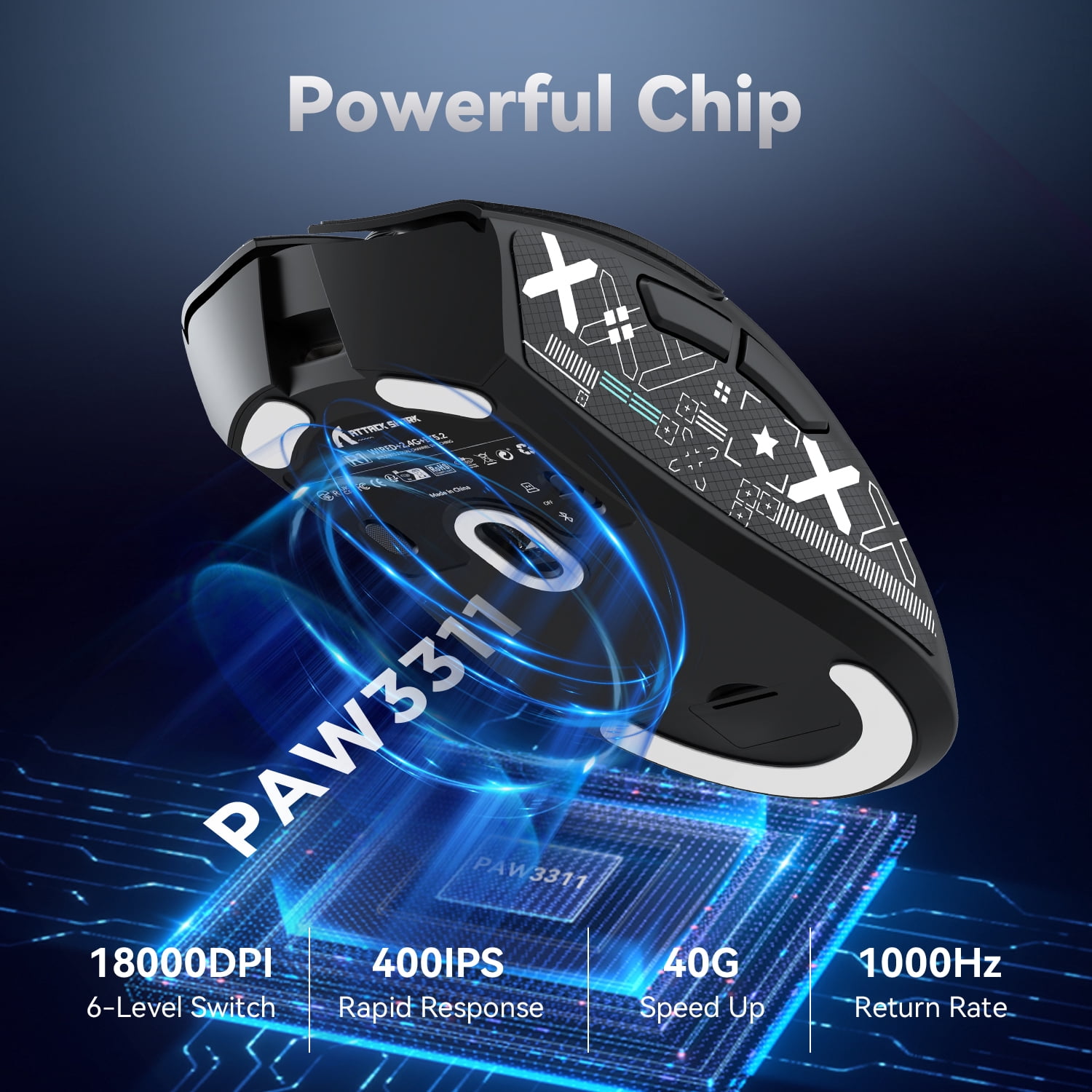 ATTACK SHARK R1 SUPERLIGHT Mouse with Tape, PixArt PAW3311 Gaming Sensor, BT/2.4G Wireless/Wired Gaming Mouse, 6 Adjustable DPI up to 18000, 65 Hrs Battery, Office Mice for Win11/Xbox/PS/Mac