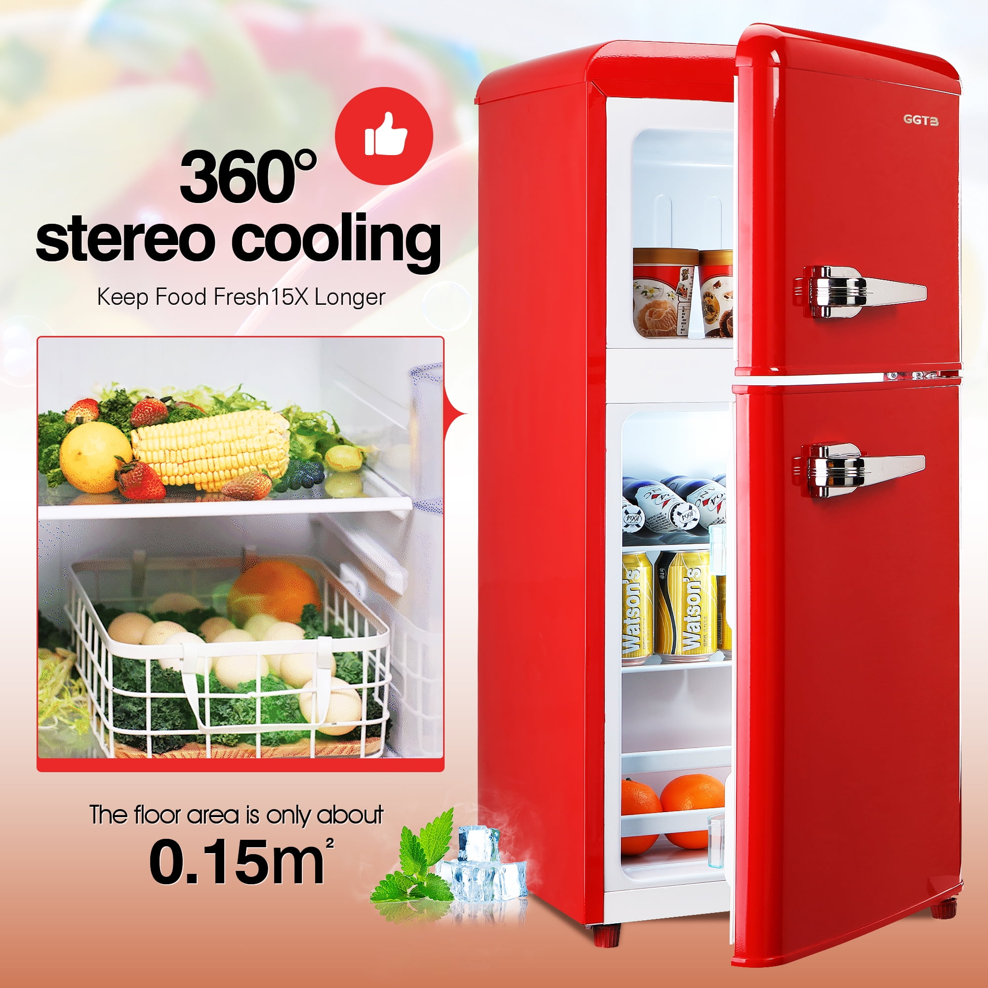 GGTB 3.2 cu.ft Retro Mini Fridge with Freezer, Double Door Compact Refrigerator, 7 Temperature Settings, Removable Shelves, Red for Dorm/Office/Apartment/Home