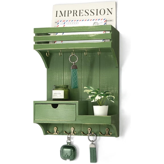 Rebee Vision Modern Key Holder Wall Mount for Home Decor - Stylish Mail Organizer with 9 Key Hooks and Mini Drawer Organizer (Green, 12inch)