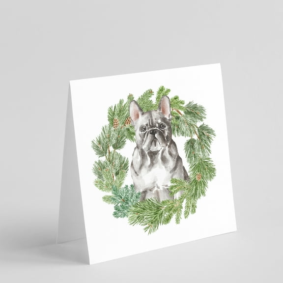 French Bulldog Blue with Christmas Wreath Square Greeting Cards and Envelopes Pack of 8 5 in x 5 in