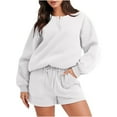 thumbnail image 1 of Ensemble de Survêtement 2 Pcs pour Femmes 2023 Mode Blouse à Col Rond Couleur Unie Manches Longues Hauts Chandail en Molleton Shorts Ensemble Décontracté en Liquidation, 1 of 4