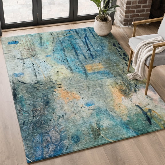 Addison Rugs Mayfield Premium Machine Washable Transitional Abstract Teal Rectangle Rug, 10' X 14' Machine Washable Transitional Abstract Teal Oversized Sherpa Throw Blanket
