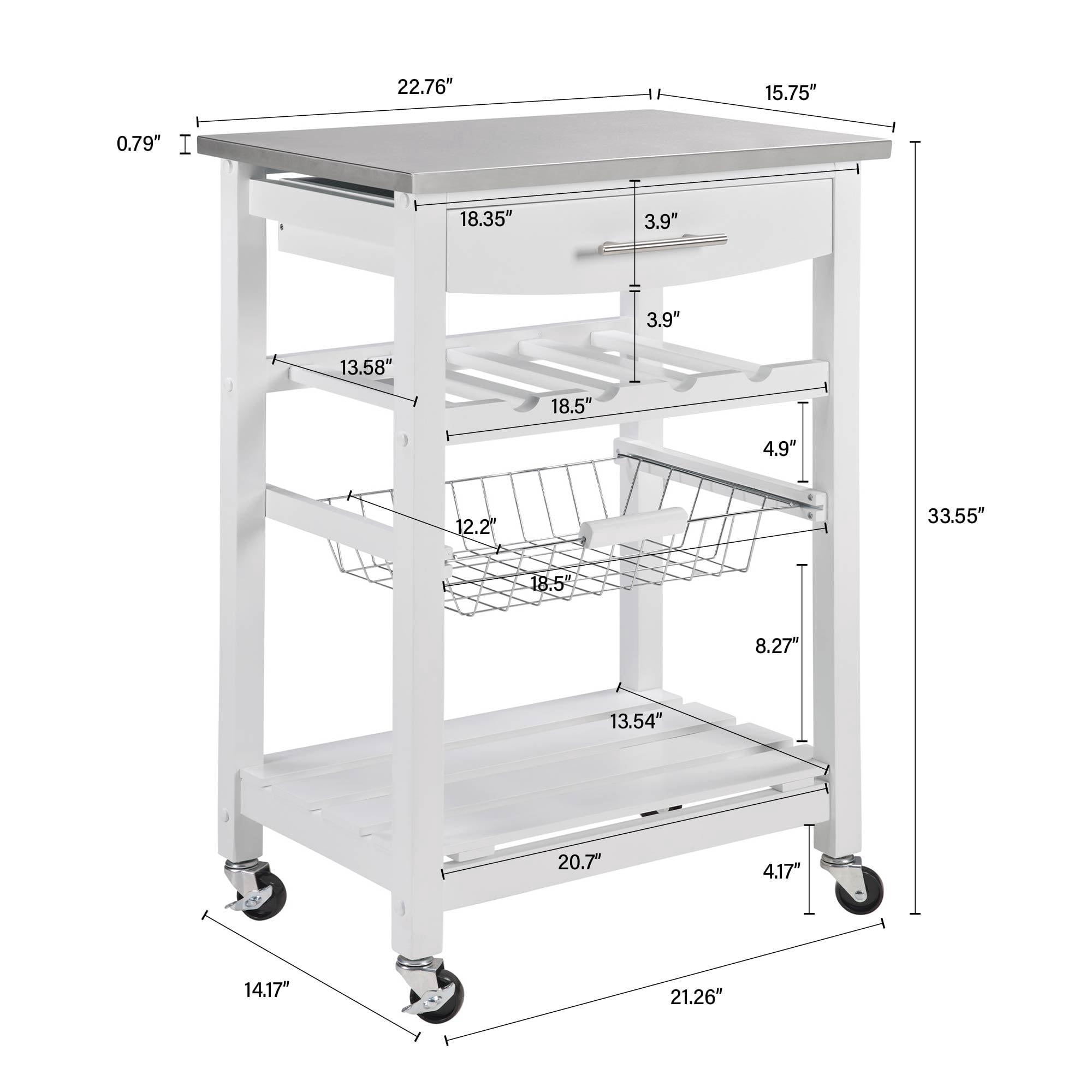 Rolling Kitchen Island Serving Cart with Underneath Drawer & Slide-Out Wire Storage Basket