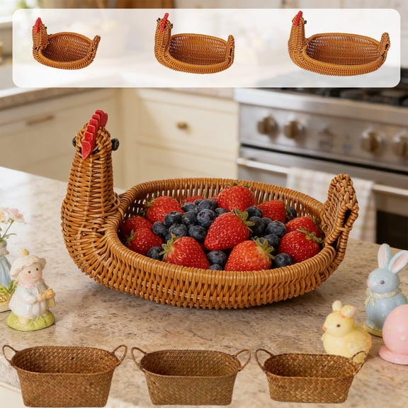 hulanddfd Small Woven Wicker Open Storage, Chicken Shaped Rattan Woven Shelf Baskets Stackable Shelf Basket with Handle for Fruit Kitchen Living Room Bedroom Bathroom Tabletops