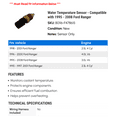 thumbnail image 2 of Water Temperature Sensor - Compatible with 1995 - 2008 Ford Ranger 1996 1997 1998 1999 2000 2001 2002 2003 2004 2005 2006 2007, 2 of 2
