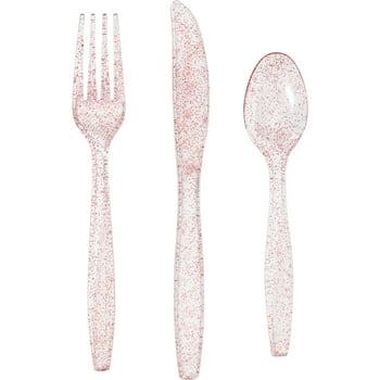 Way to Celebrate! Pink Glitter Plastic Assorted Cutlery Set for Birthday, Party, Girl, Baby Shower, 24 Ct.