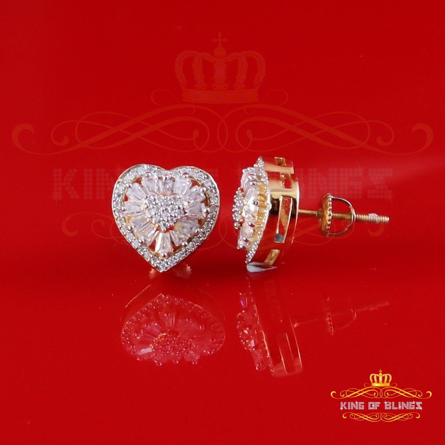 King of Bling's 925 Yellow Silver 1.00ct VVS 'D' Moissanite Heart Stud Earring Men's/Womens