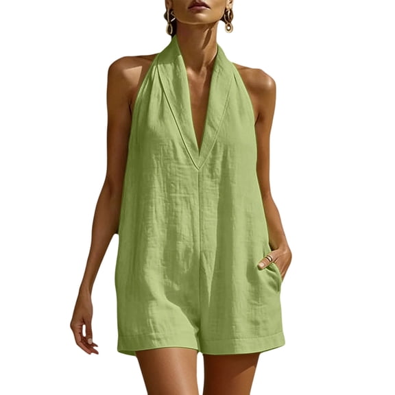 Cmfcve Linen Overalls Romper Short for Women Halter Neck Sleeveless Casual Wide Legs One Piece Jumpsuit with Pockets