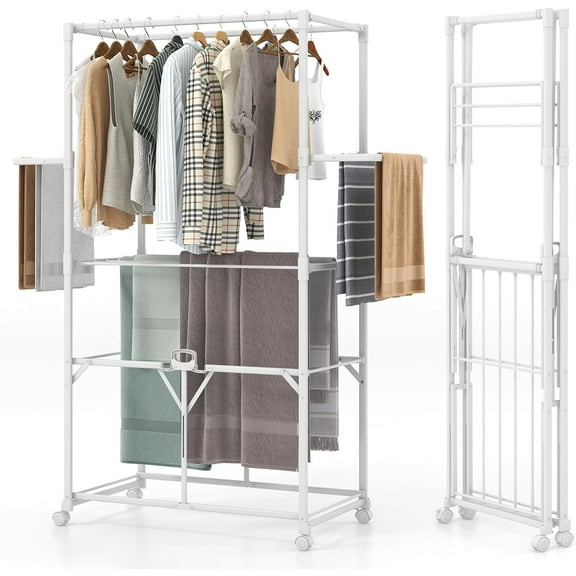 GOFLAME Foldable Clothes Drying Rack, Collapsible Laundry Rack Stand with Hanging Rods, Folding Side Shelves, Removable Middle Shelf, Garment Drying Rack with 4 Universal Wheels for Indoor