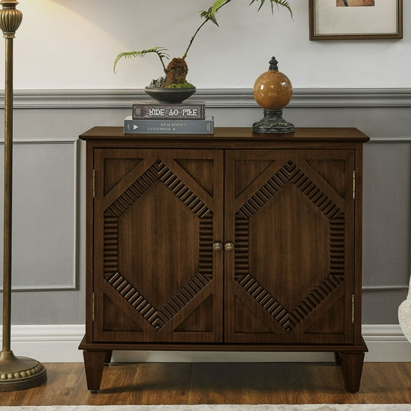 CQSXDA 33.6 Inch Wooden Sideboard Buffet Cabinet in Walnut with Geometric Design for Entryway and Kitchen Storage