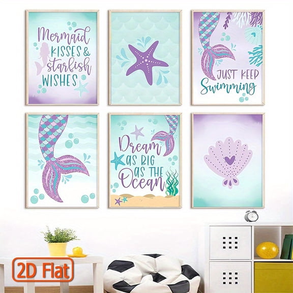 6pcs Unframed Mermaid Decor Prints - Whimsical Under the Sea Wall Art for Girls Bedroom, Nursery, or Bathroom - Featuring Mermaid Tail, Starfish, and Ocean-Themed Designs, Coastal Bathroom Decor