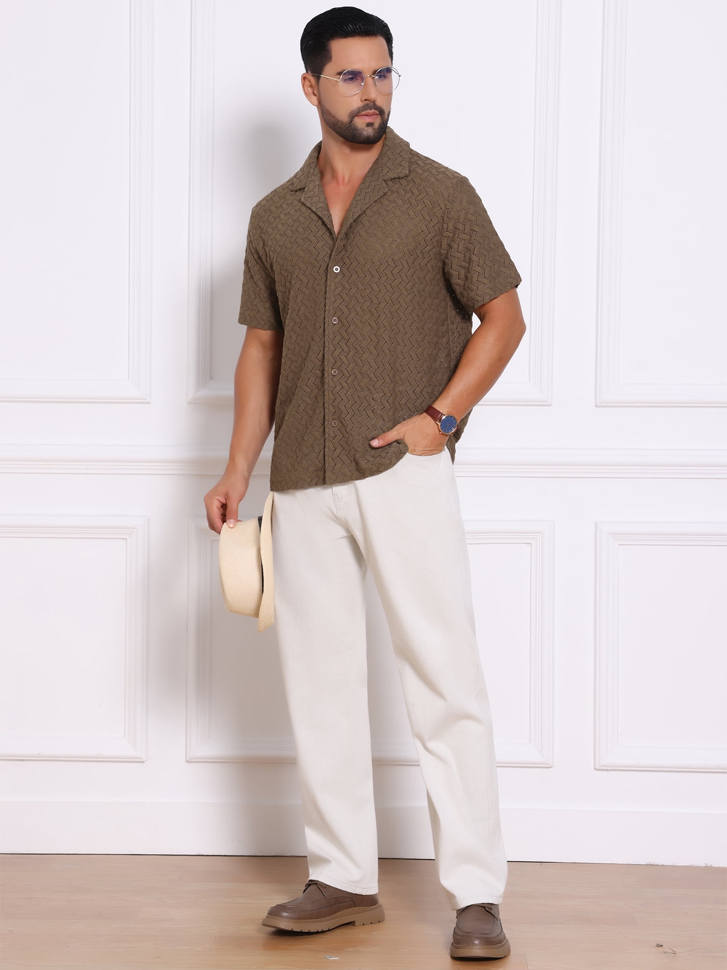 DARING DIVA Men's Hollow Jacquard Camp Collar Short Sleeve Beach Texture Shirts 2XL Brown