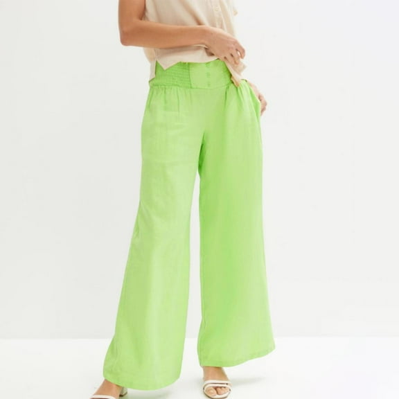 Pants for Women Womens Casual Long Pants Fashion Button High Waist Breathable Cotton Linen Palazzo Pants Solid Loose Wide Leg Leisure Trousers with Pocket