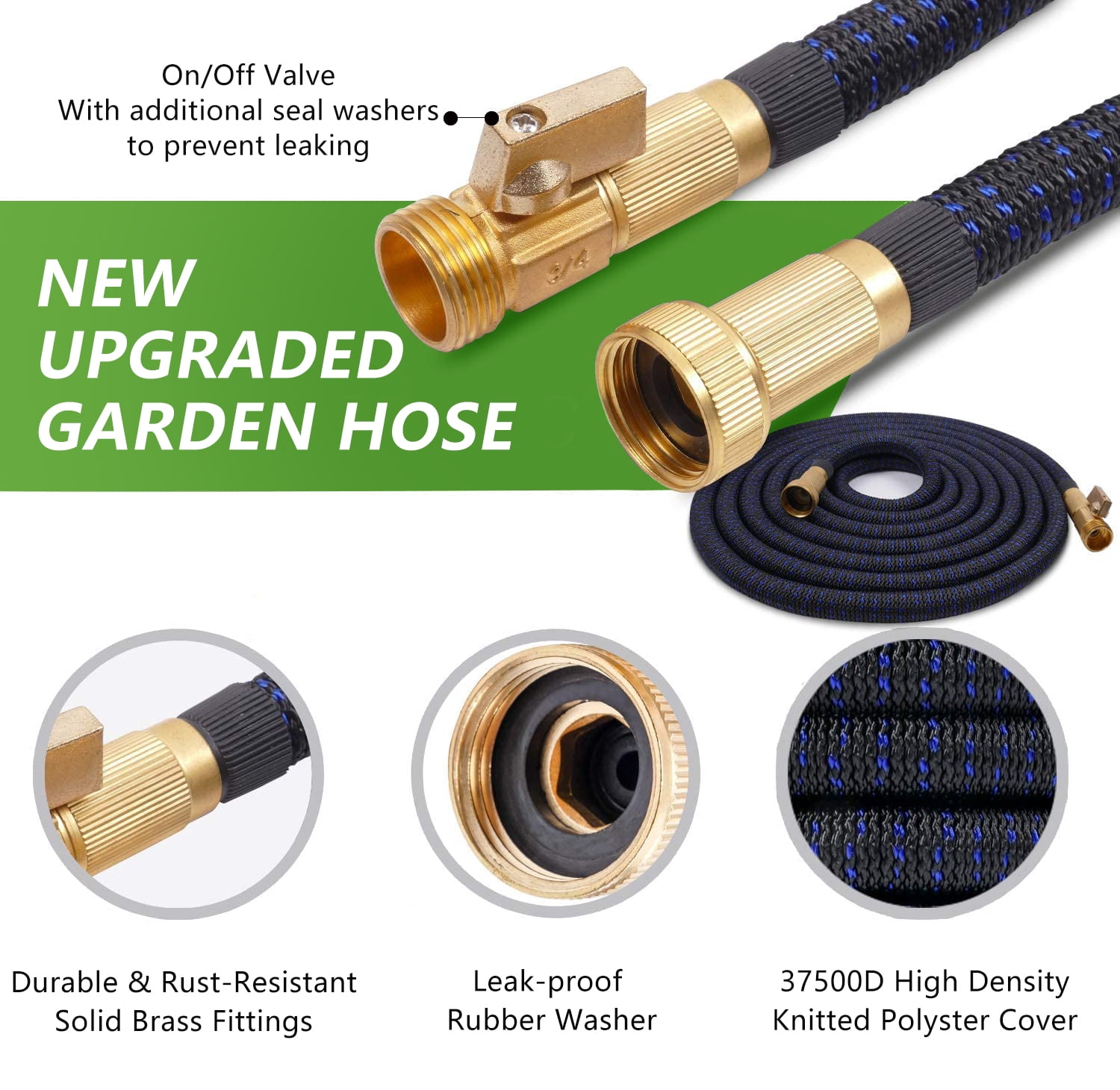 2024 Upgrade 50ft Expandable Garden Hose,Flexible Water Hose with 10 Function Spray Nozzle, Extra Strength 3750D,Car Wash Hose with 3/4" Solid Brass Connector Blue